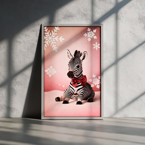 Festive Baby Zebra with Sparkling Red Bow Pink Winter Nursery Poster