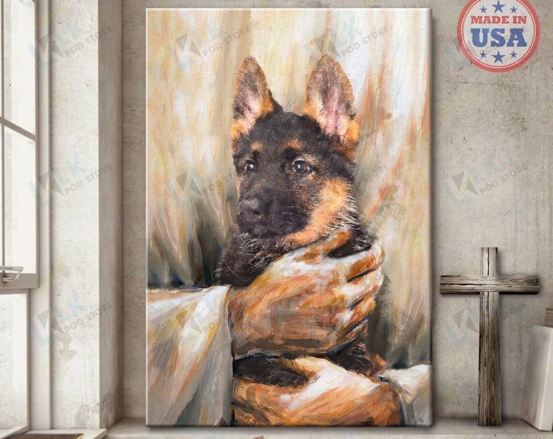 German Shepherd Puppy Held Tenderly in Jesus's Hands Painting Poster