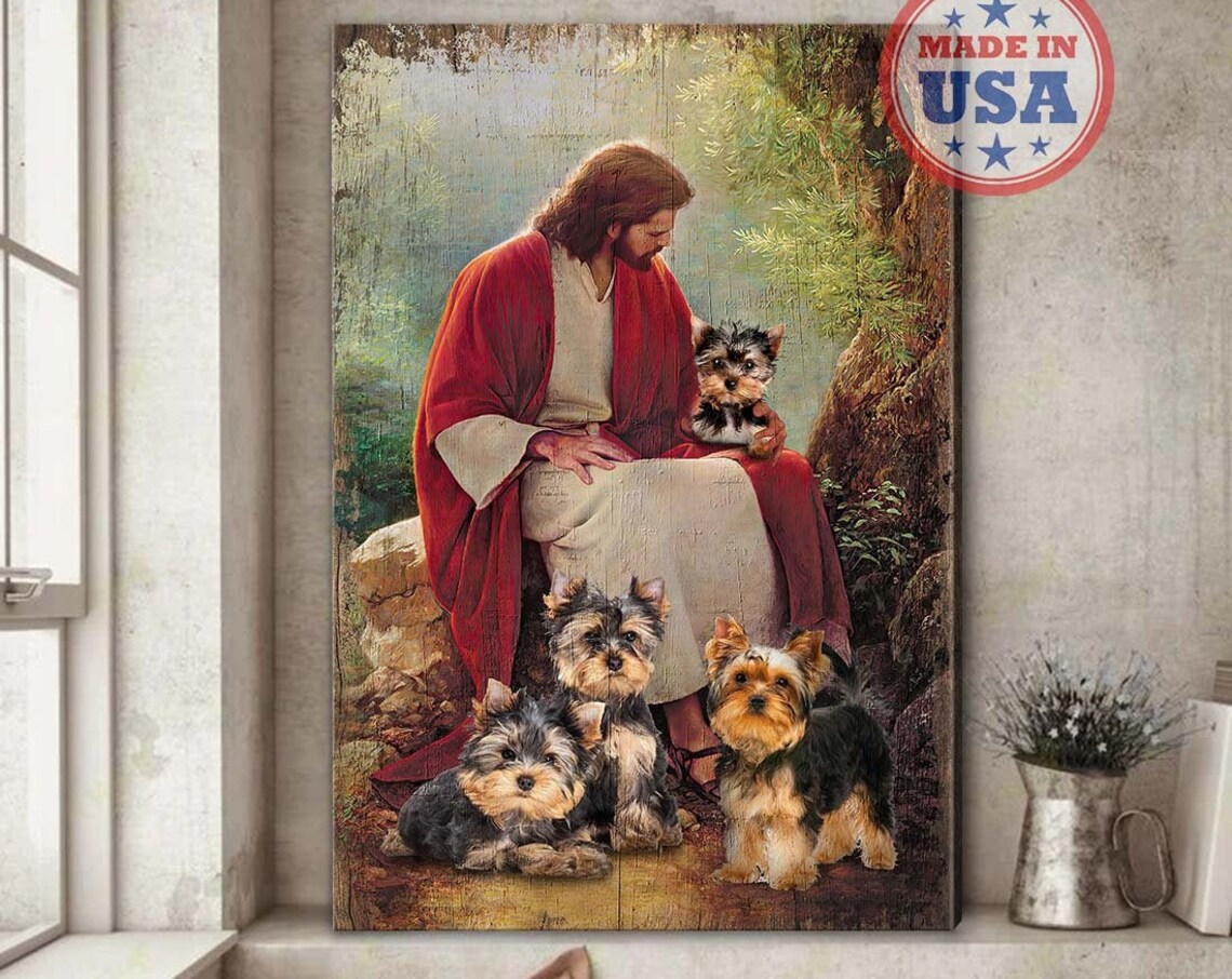 Jesus Seated with Four Yorkshire Terrier Puppies in a Garden Poster - Image 4