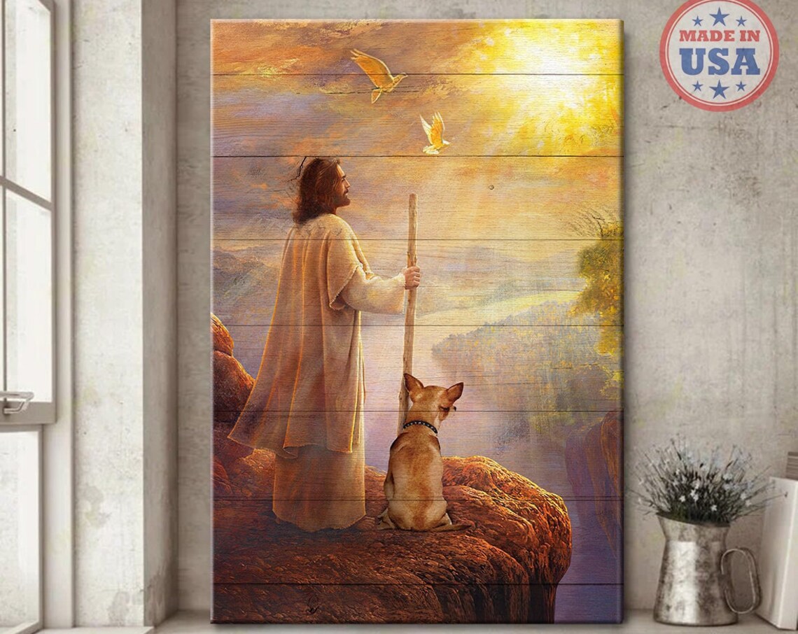 Jesus with a Chihuahua on a Mountain Cliff at Golden Sunrise Poster