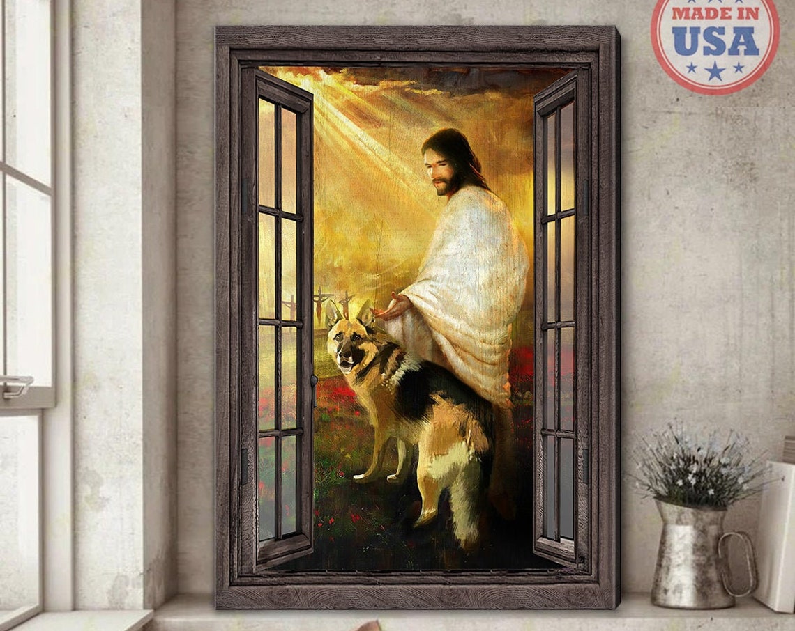 Jesus Christ Walking with German Shepherd through Open Window Poster