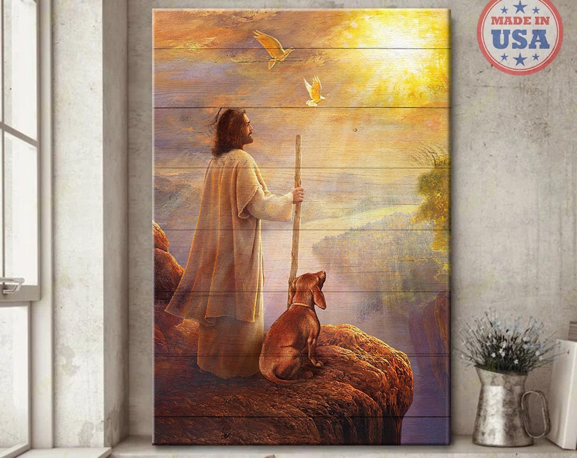 Jesus with a Dachshund on a Cliff Overlooking Golden Clouds Poster
