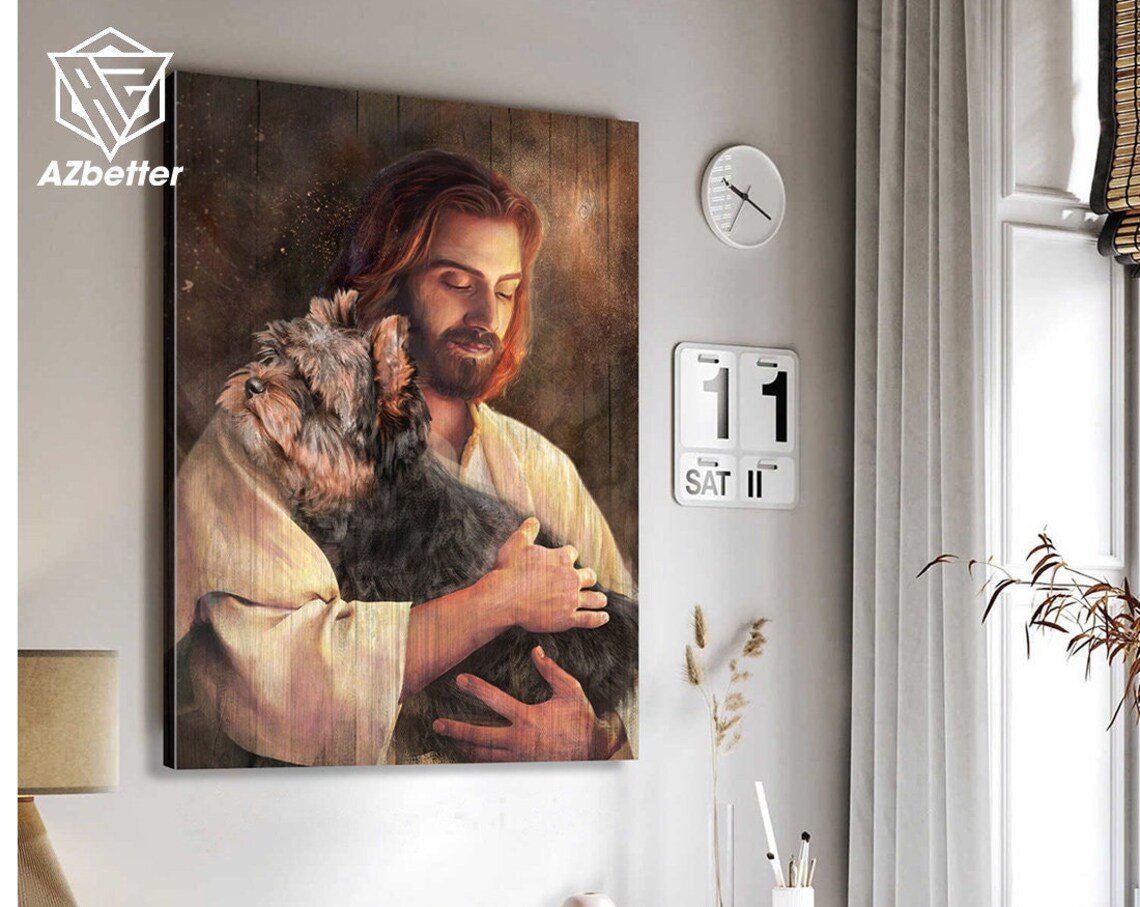 Jesus Tenderly Holding a Yorkshire Terrier Puppy Embrace Art Poster
