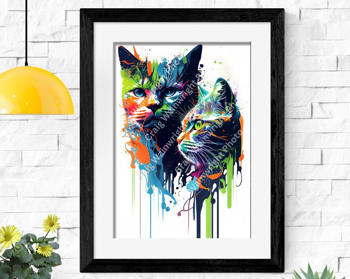 Colorful Splash Art Cat Portrait with Two Feline Faces Poster
