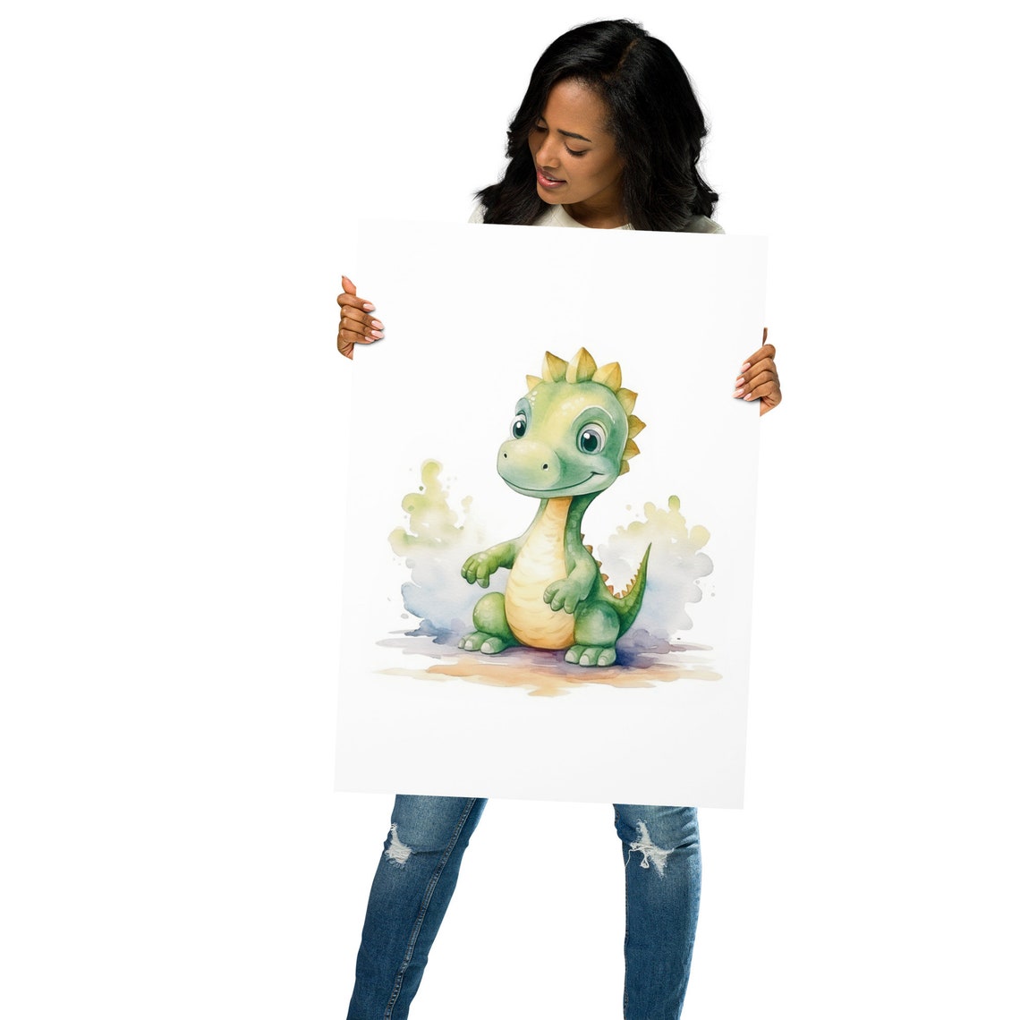 Smiling Baby Dinosaur Watercolor Splash Green Nursery Wall Art - Image 3