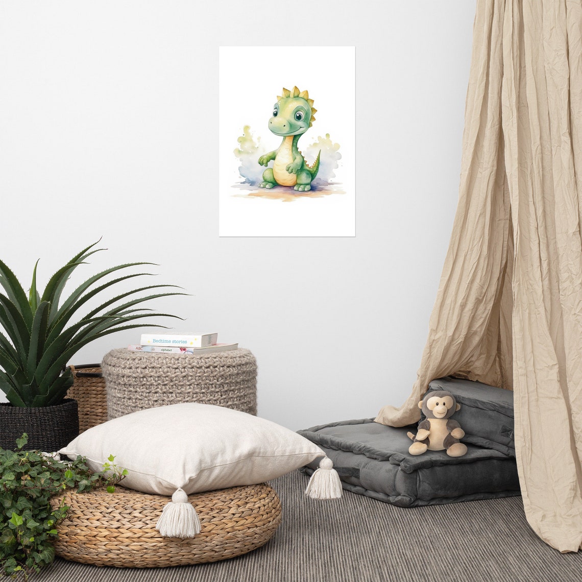 Smiling Baby Dinosaur Watercolor Splash Green Nursery Wall Art - Image 5