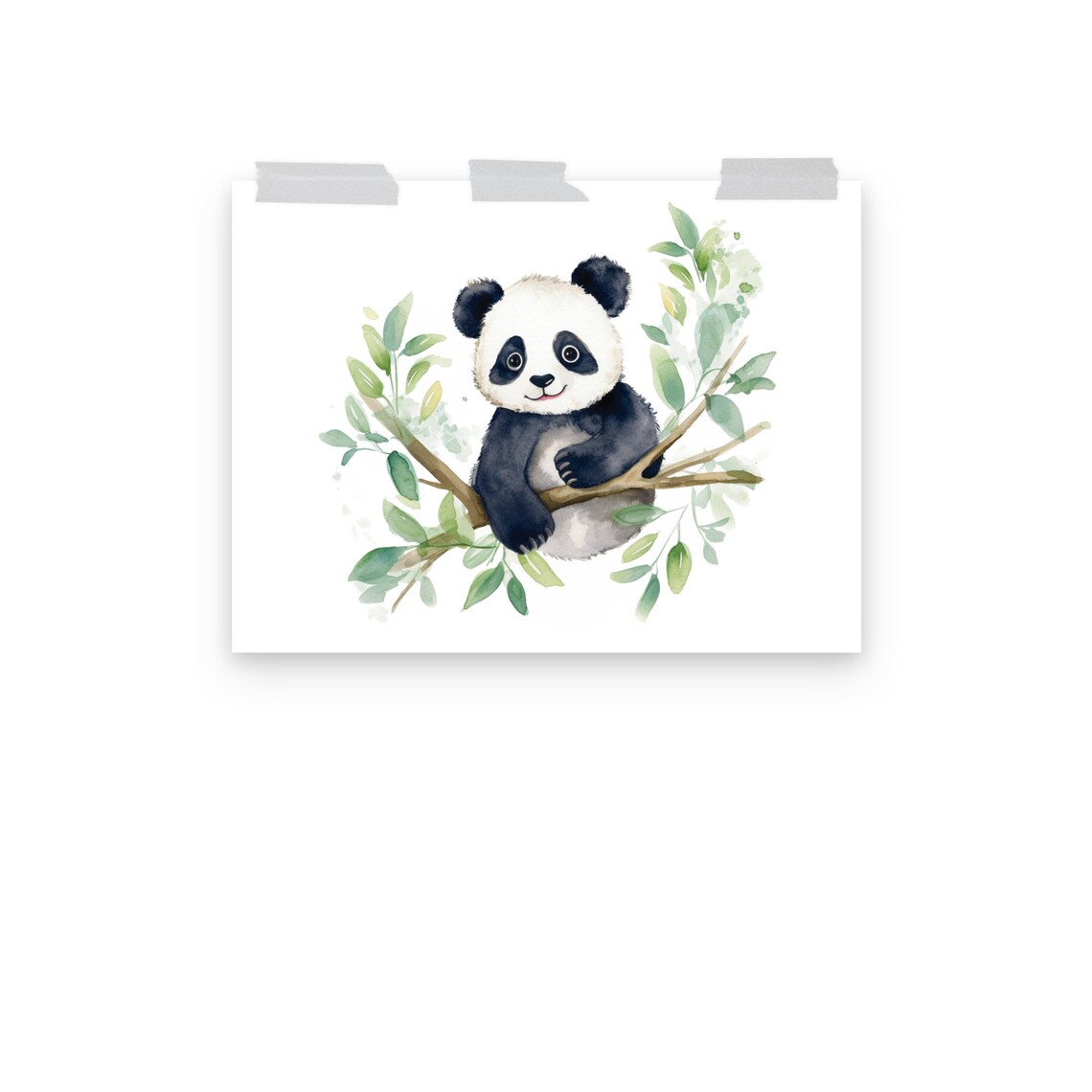Cute Baby Panda on Branch Watercolor Green Leaves Nursery Wall Art - Image 2