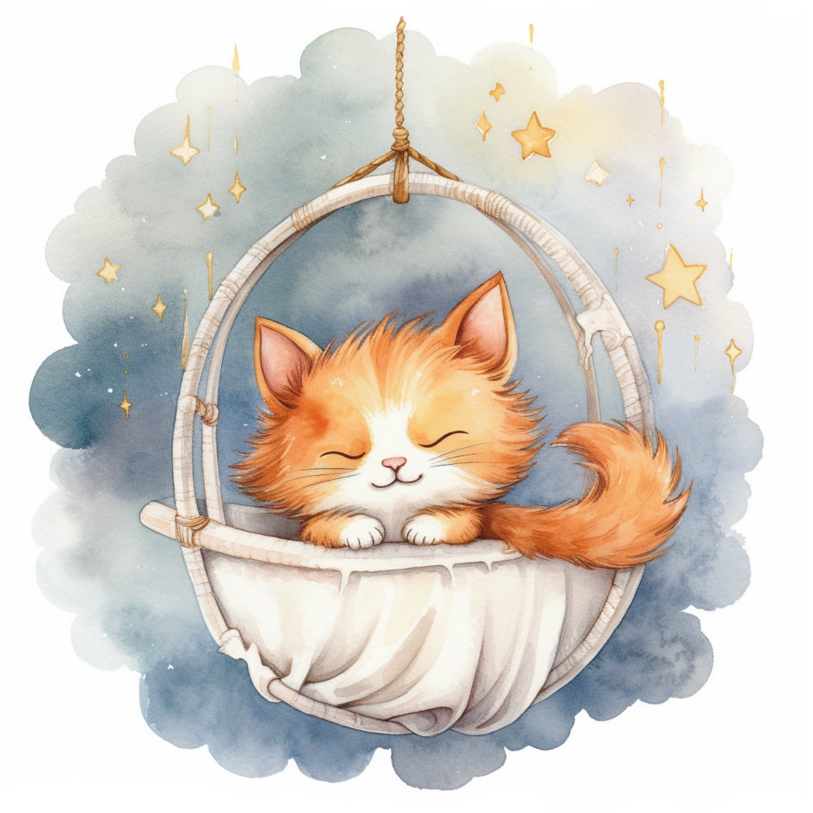 Sleepy Orange Kitten in Wicker Swing Starry Night Nursery Poster