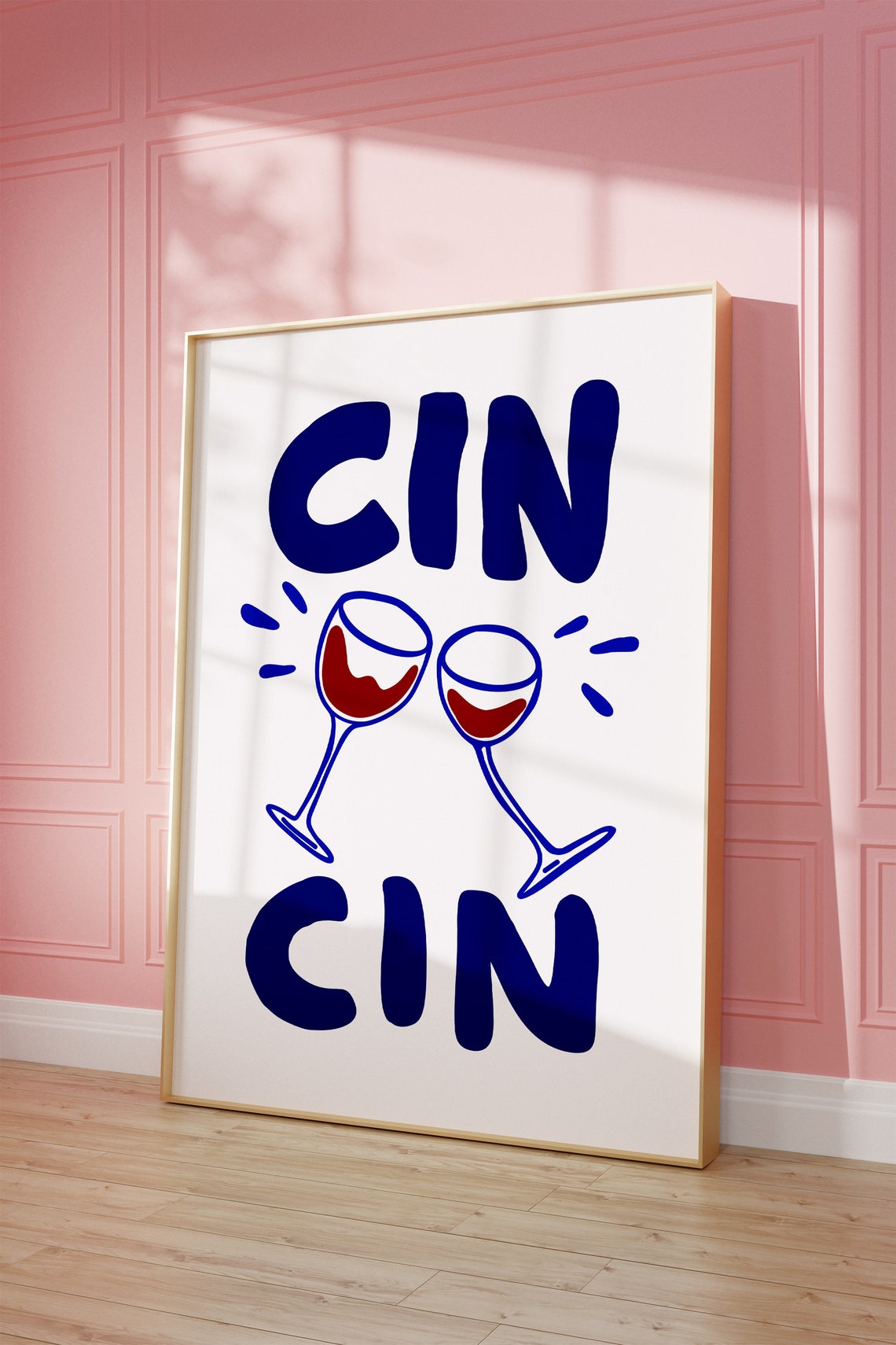Cin Cin Wine Glasses Cheers Retro Bold Blue Bar Cart Party Poster