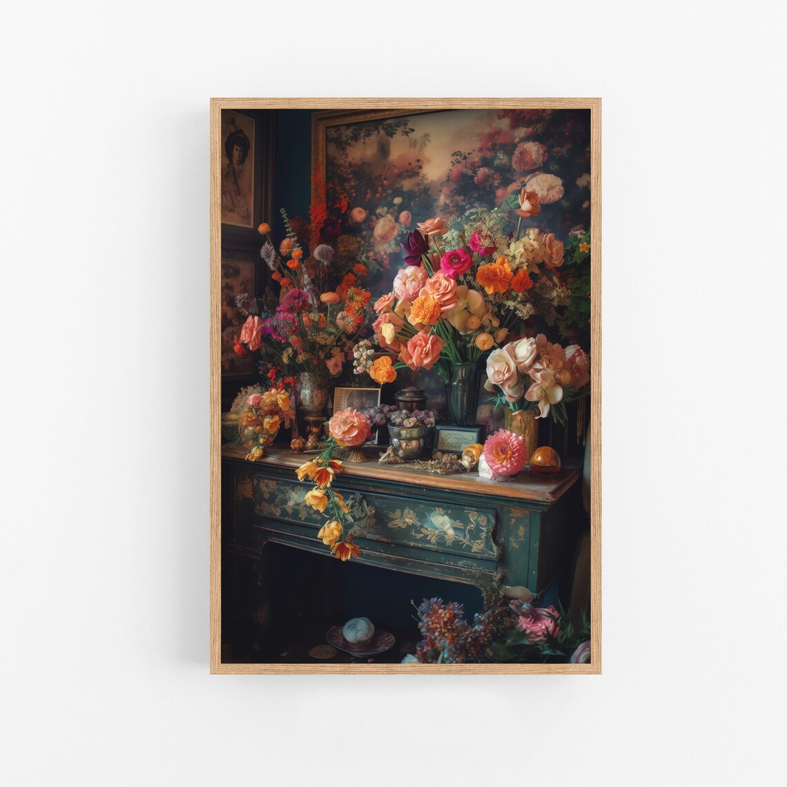 Moody Floral Still Life Antique Chest Abundant Bloom Wall Art
