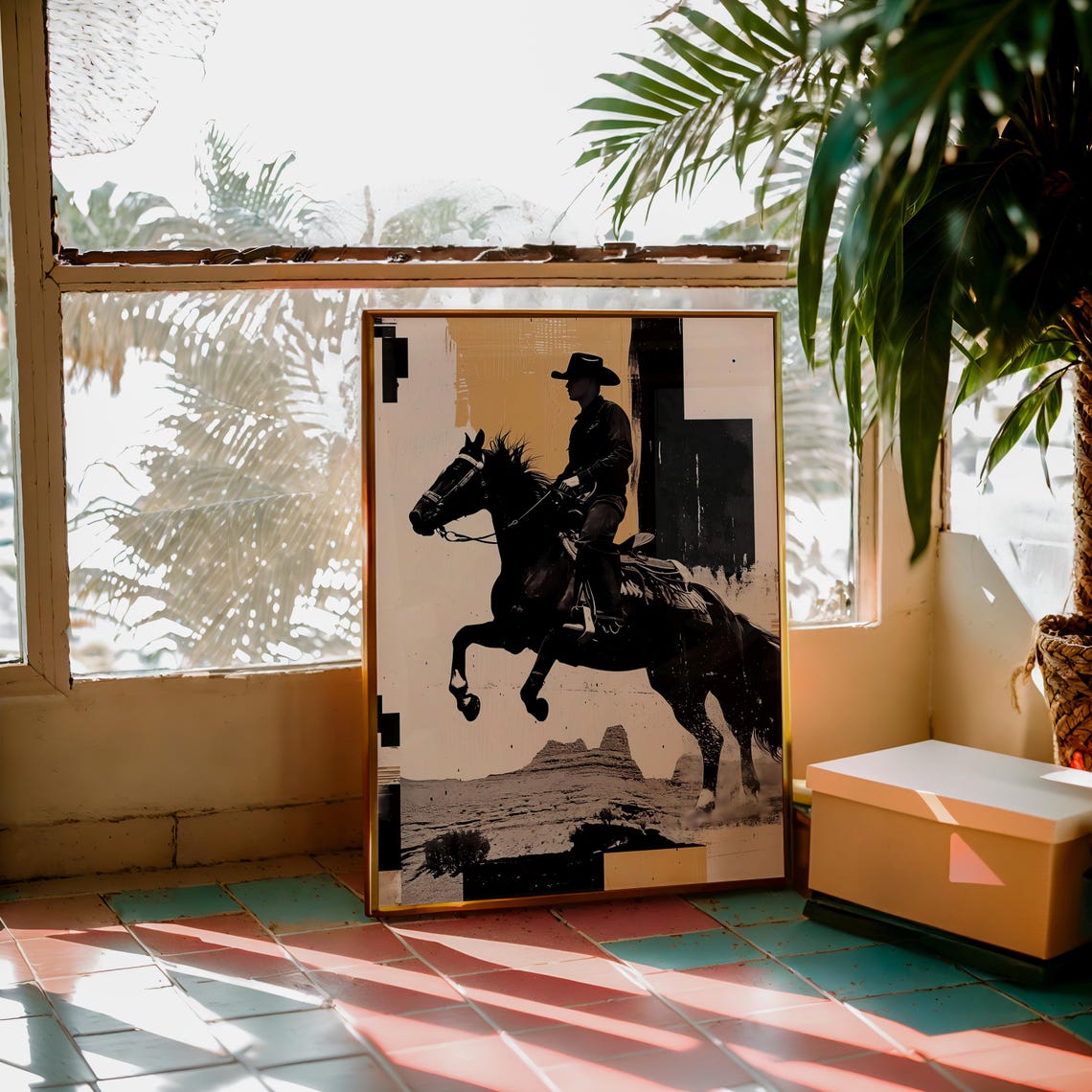 Black White Cowboy Horse Desert Rider Vintage Collage Art Poster
