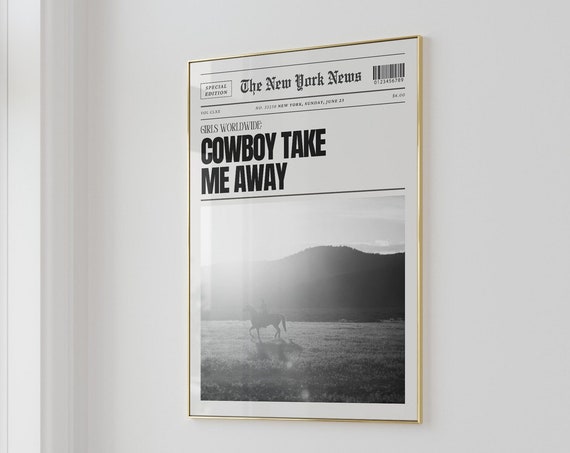 Cowboy Wall Art Newspaper Wall Art Trendy Art Prints Western Black White Wall Art Aesthetic Wall Decor Cowboy Art Print Trendy Art