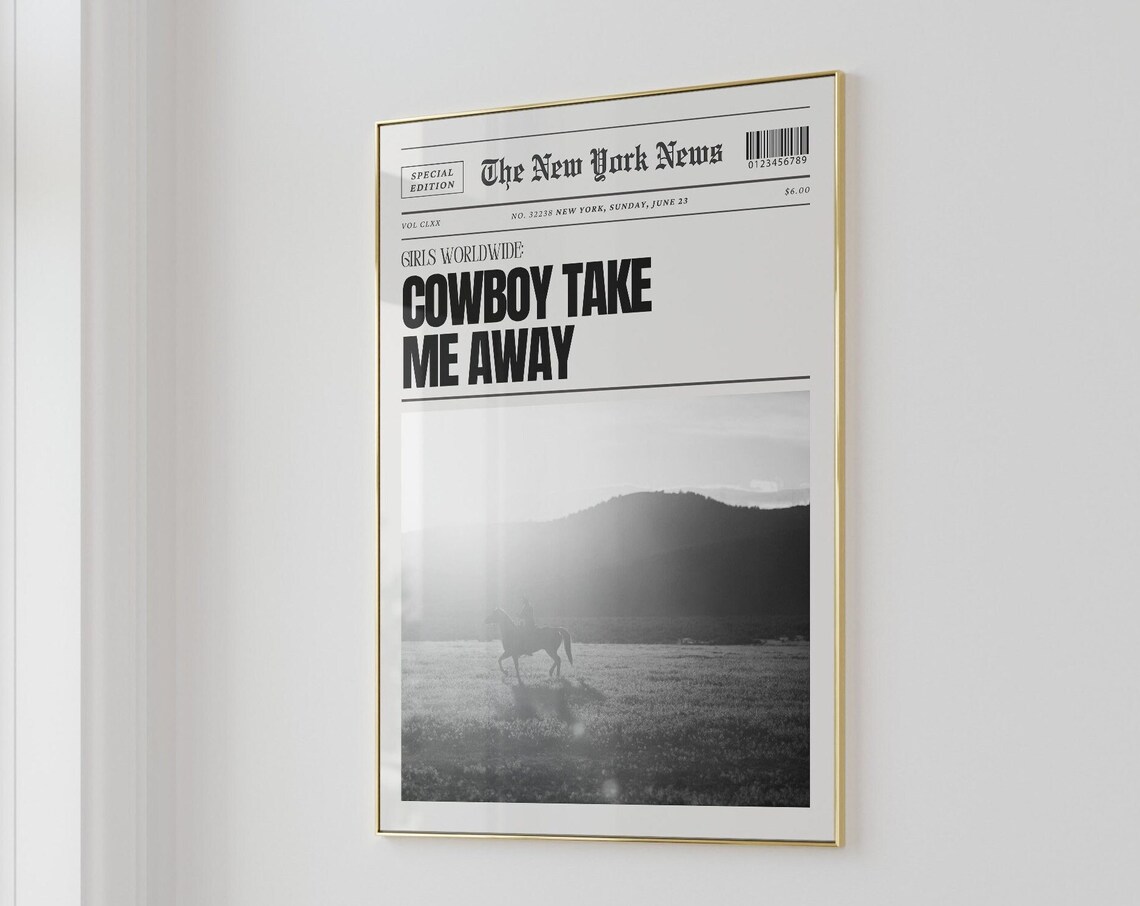 Cowboy Take Me Away Vintage Newspaper Style B&W Western Poster