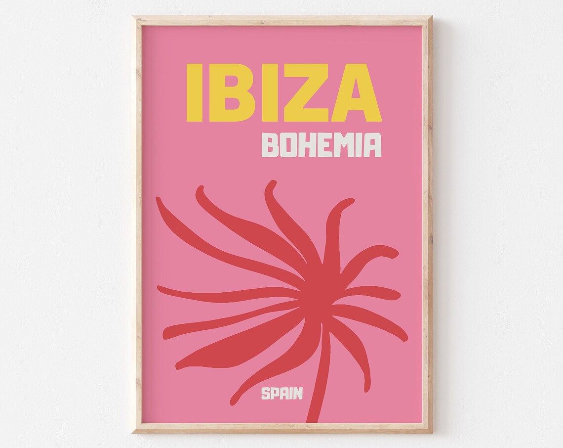 Ibiza Bohemia Spain Pink Palm Sunburst Retro Beach Travel Poster
