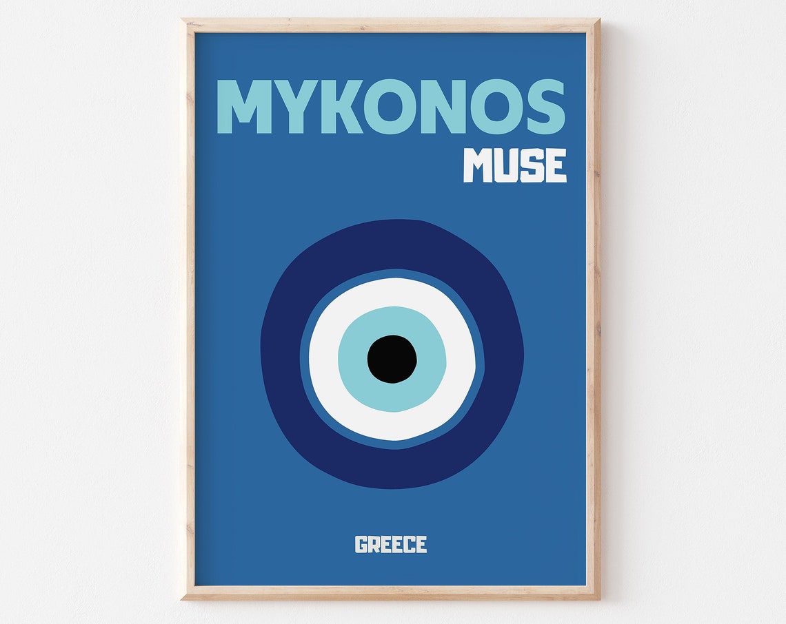 Mykonos Muse Greece Evil Eye Graphic Blue Coastal Travel Poster