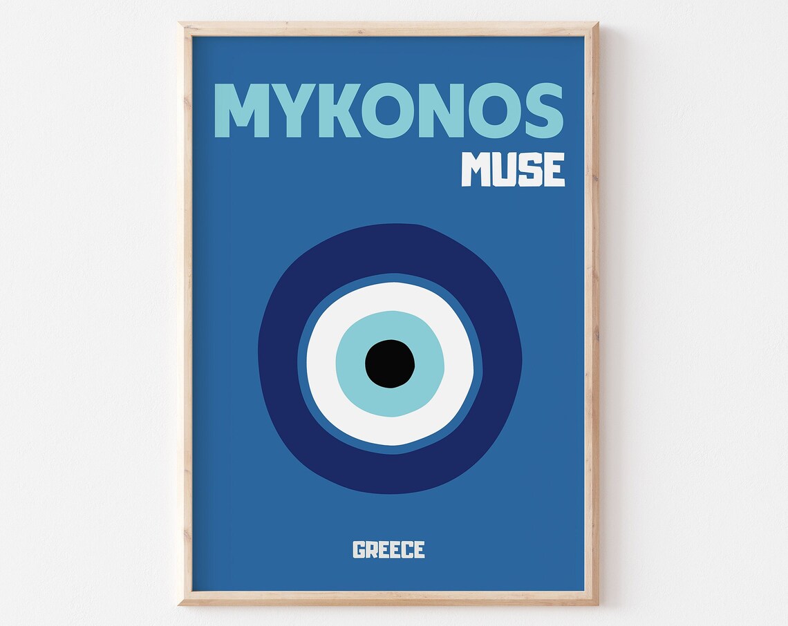 Mykonos Blue Evil Eye Muse Greek Island Minimalist Travel Poster