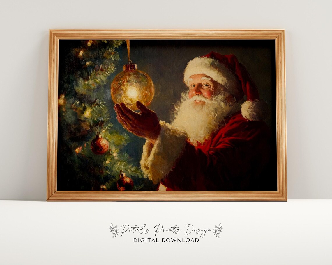 Santa Claus Holding Glowing Gold Ornament at Christmas Tree Art Poster