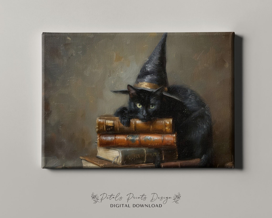 Black Cat In Witch Hat On Old Books Halloween Painting Poster - Image 4