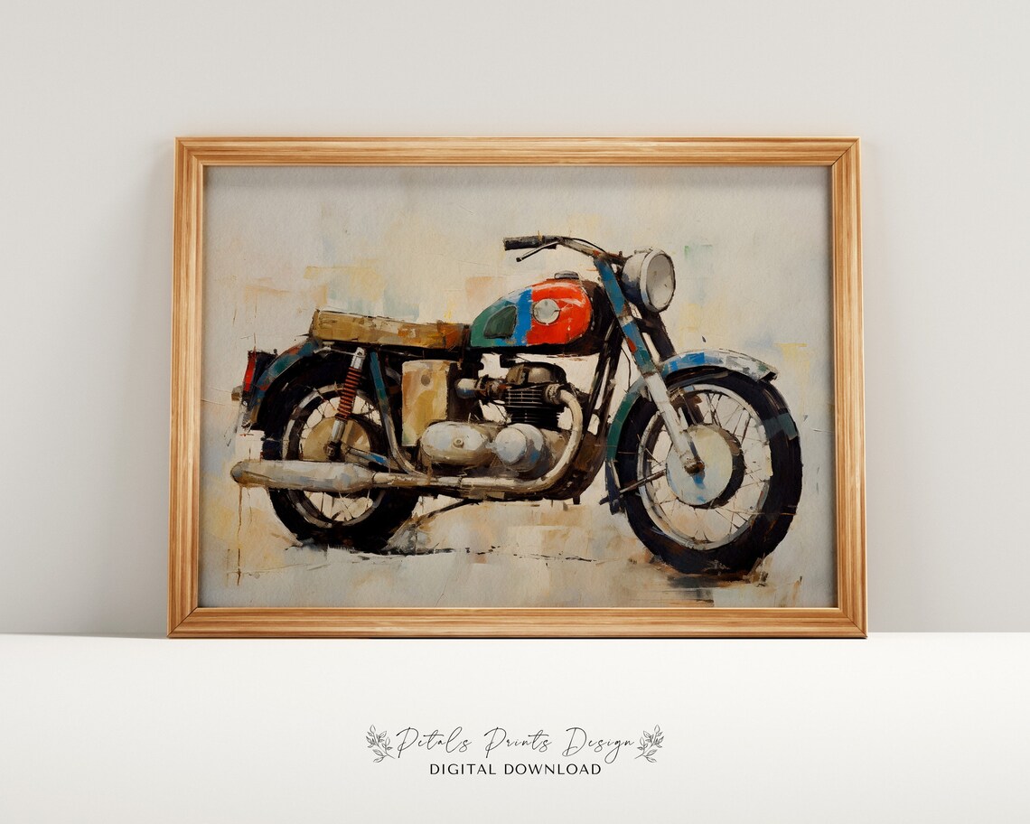 Vintage Classic Motorcycle Oil Painting Retro Garage Art Print