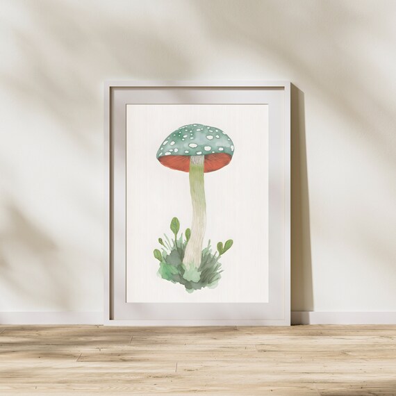Mushroom And Fern Botanical Art Print Folk Style Instant