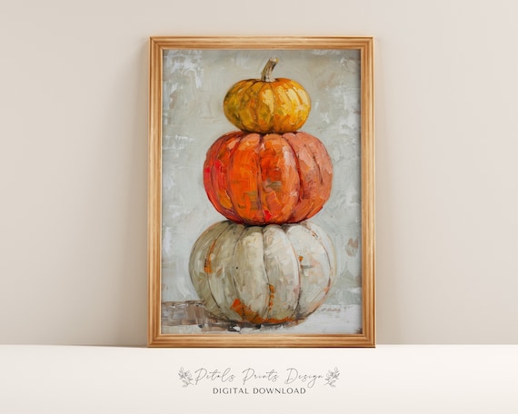 Stacked Pumpkin Tower Impasto Rustic Fall Harvest Decor Art Print