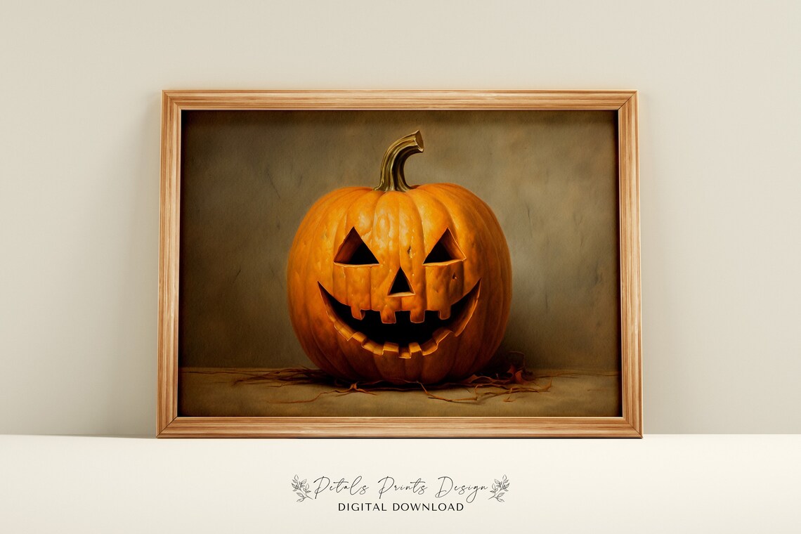 Vintage Pumpkin Halloween Art Print, Rustic Jackolantern