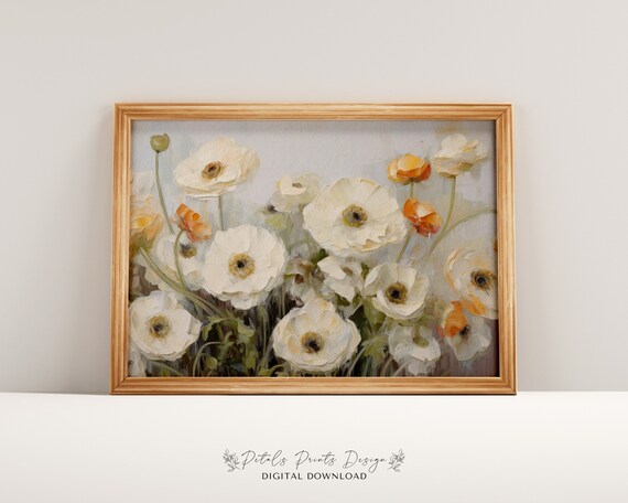 White Anemones with Orange Accents Soft Meadow Floral Poster