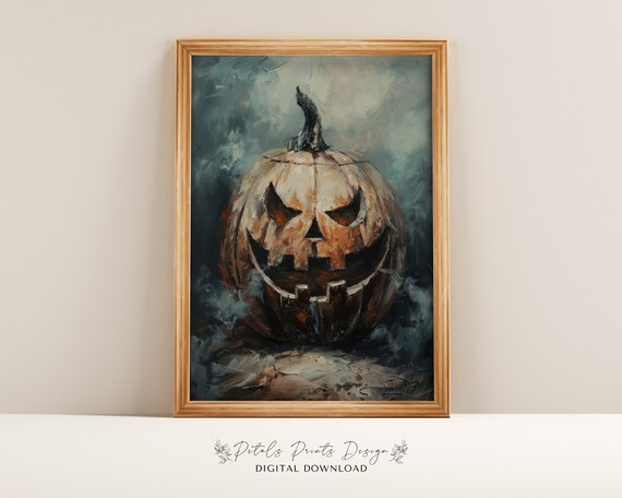 Pale Carved Jack O Lantern Spooky Vintage Halloween Art Print