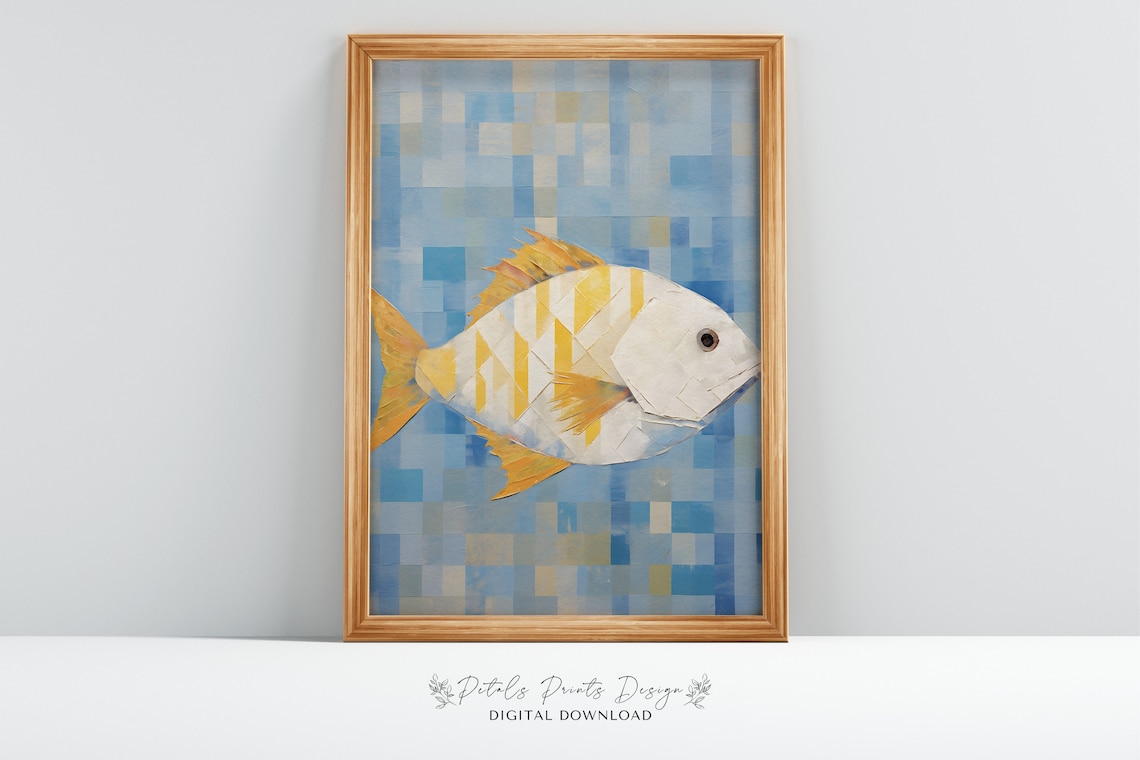 White Mosaic Fish Yellow Fins Blue Tile Ocean Portrait Art Poster