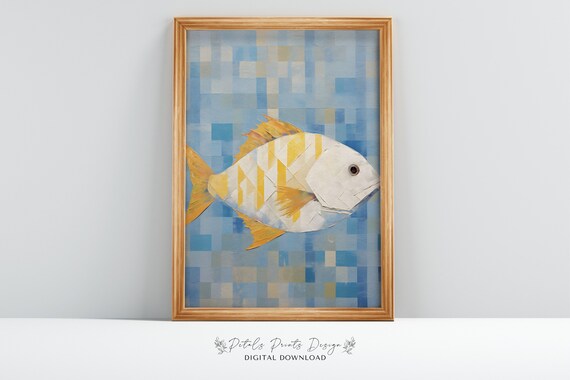White Mosaic Fish Yellow Fins Blue Tile Ocean Portrait Art Poster