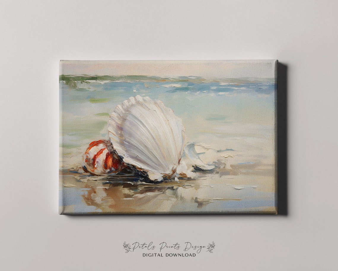 Scallop Shell on the Beach Soft Coastal Watercolor Scene Poster - Image 4