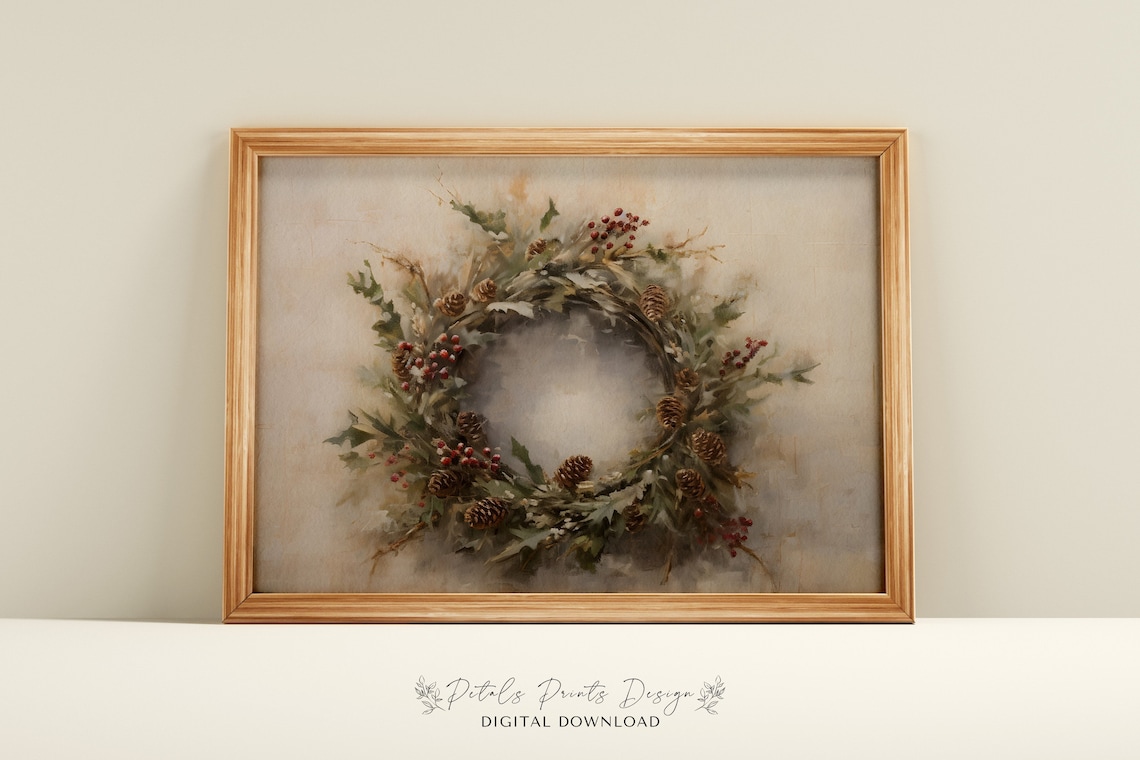 Christmas Wreath Still Life Painting, Vintage Holiday Art