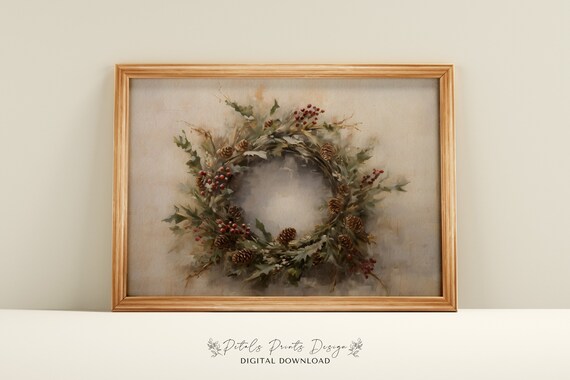 Christmas Wreath Still Life Painting, Vintage Holiday Art
