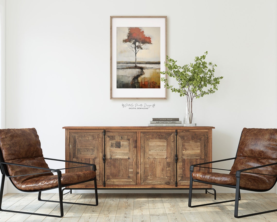 Lone Red Tree Abstract Minimalist Earth Tone Modern Painting Poster - Image 2