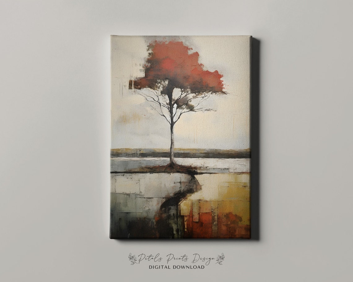 Lone Red Tree Abstract Minimalist Earth Tone Modern Painting Poster - Image 4