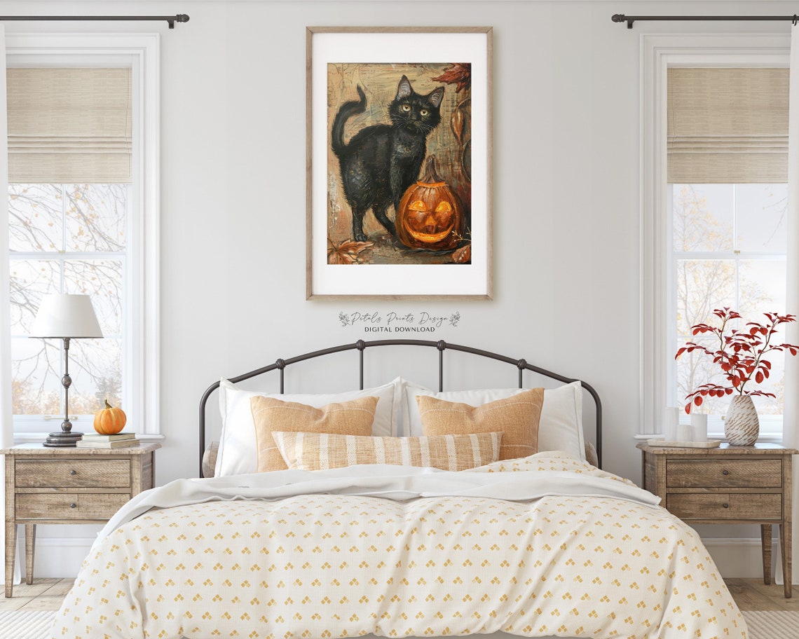 Black Cat With Jack O Lantern Vintage Halloween Painting Poster - Image 2