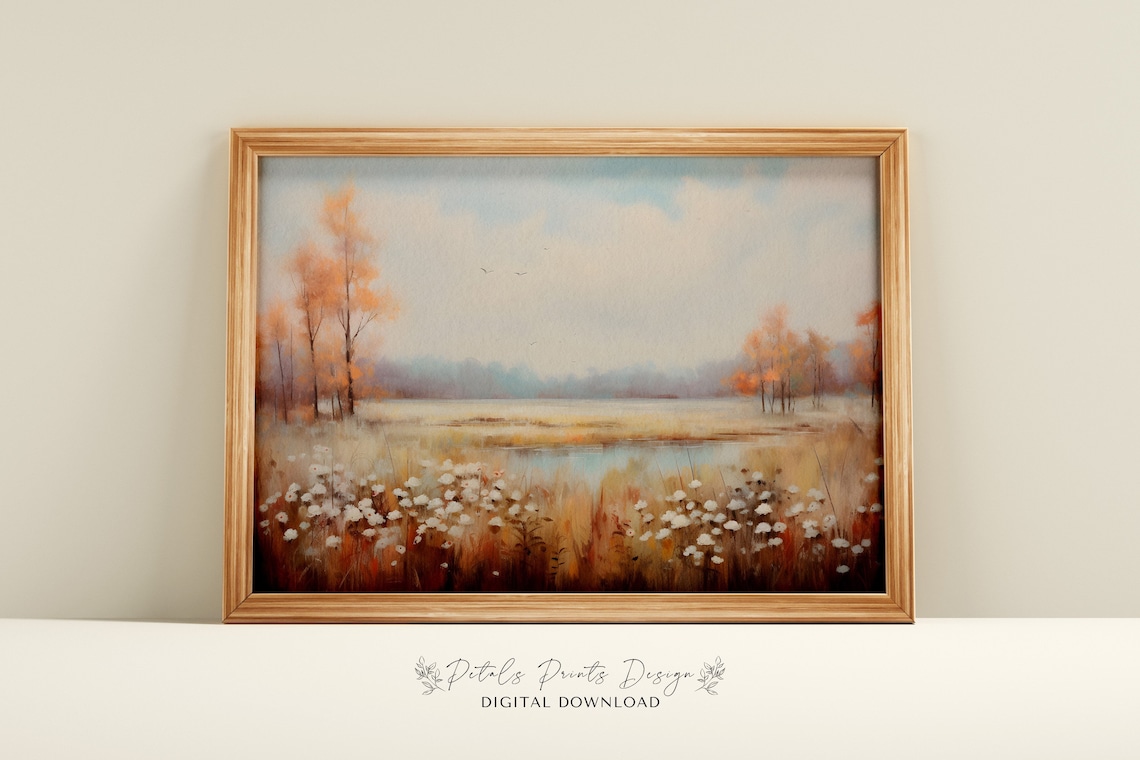 Autumn Field Orange Trees Wildflowers Birds Vintage Landscape Poster