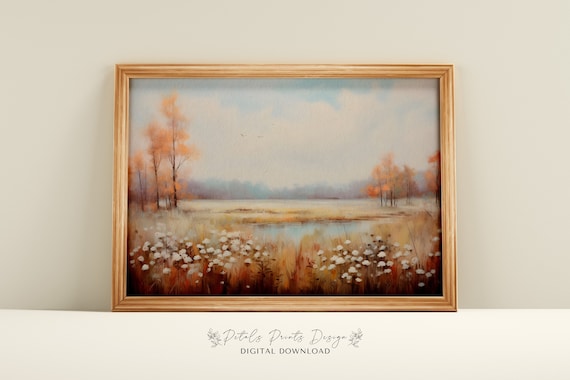 Autumn Field Orange Trees Wildflowers Birds Vintage Landscape Poster