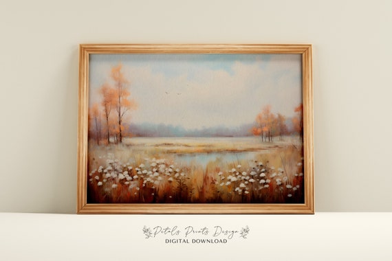 Rustic Fall Landscape Print Vintage Autumn Moody Countryside Painting Farmhouse Decor Fall Wall Print Autumn Landscape Earth Tone