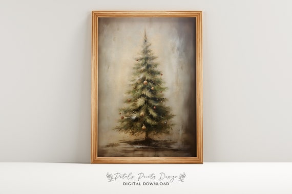 Vintage Christmas Tree Painting, Rustic Holiday Art