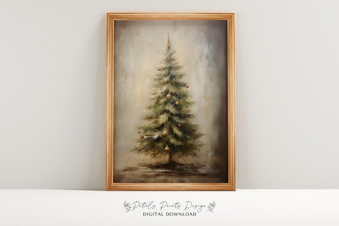 Vintage Christmas Tree Painting, Rustic Holiday Art