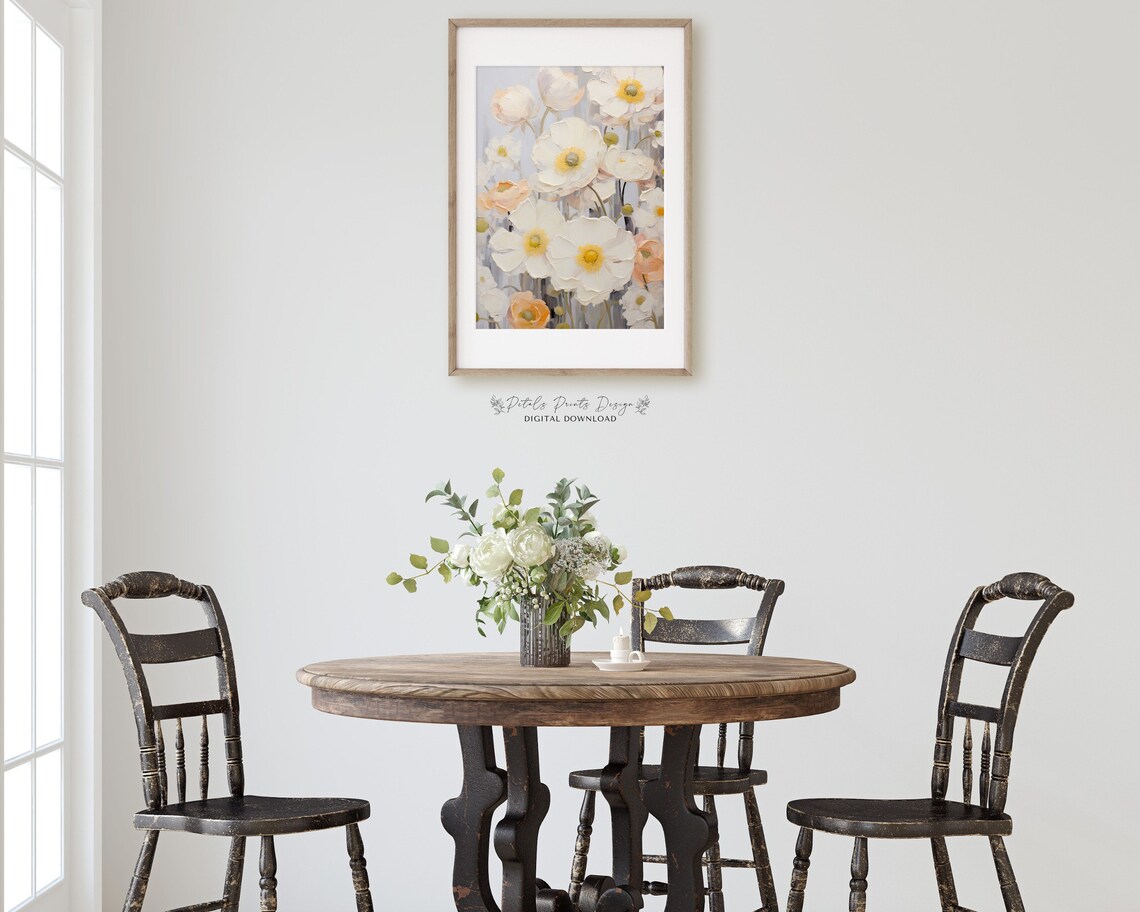 White and Peach Anemones Textured Impasto Floral Painting Poster - Image 3