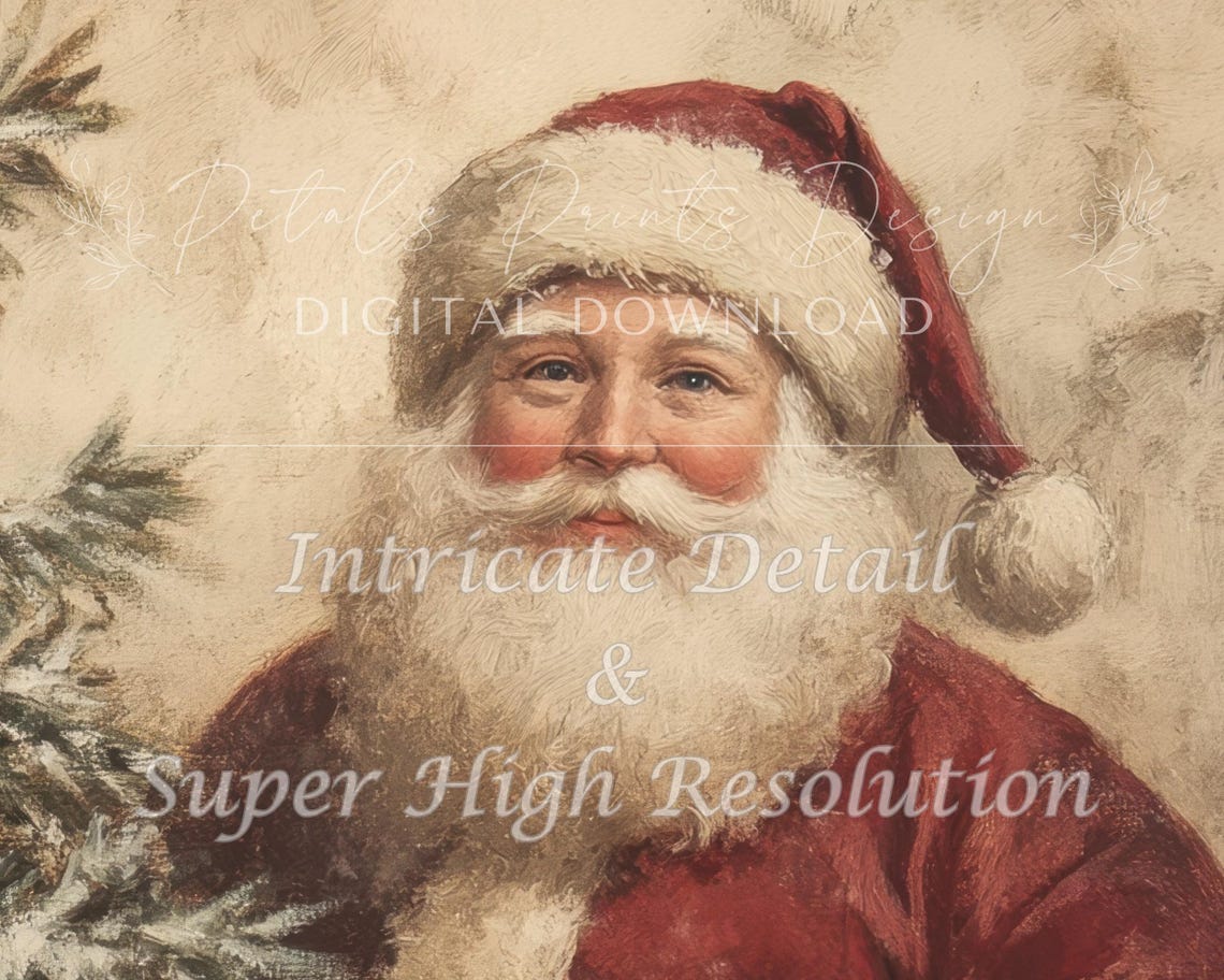 Santa Claus Beside Snowy Pine Tree Rustic Vintage Christmas Art Poster - Image 3