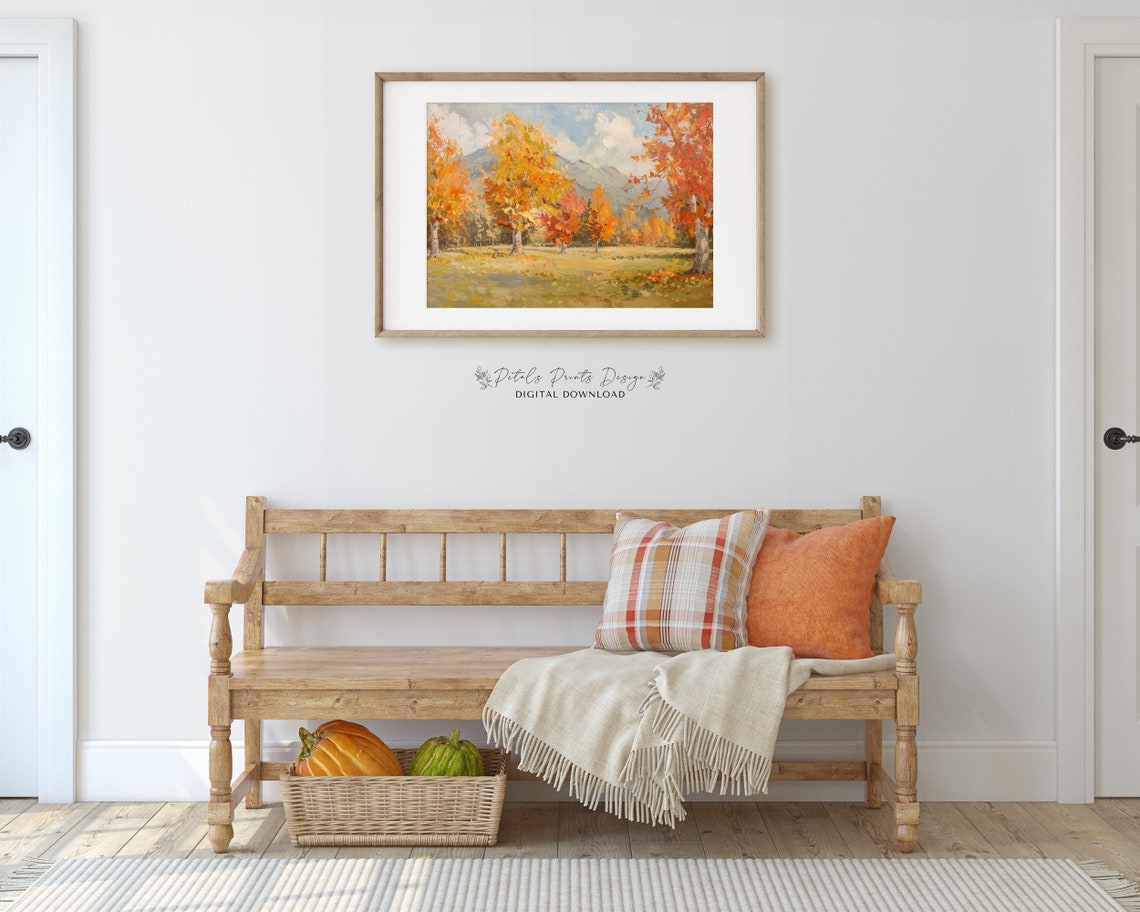 Golden Autumn Meadow Trees Mountain View Oil Painting Fall Art Print - Image 3