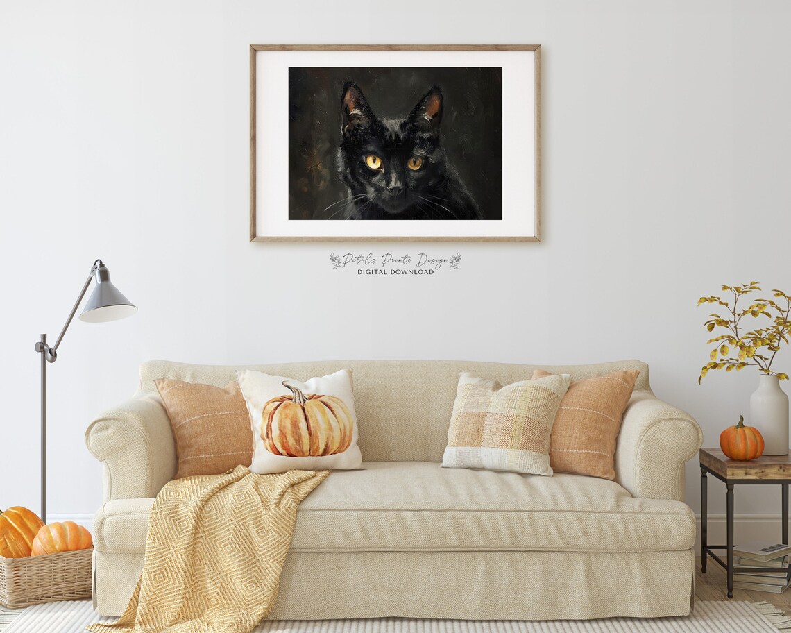 Black Cat Portrait Golden Eyes Dark Gothic Oil Painting Poster - Image 2