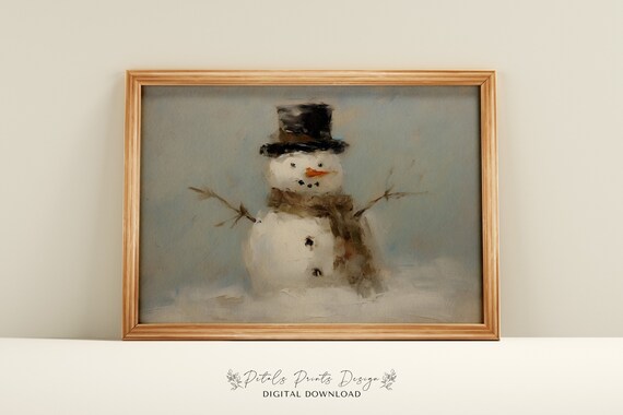 Christmas Snowman Still Life, Rustic Vintage Art Print