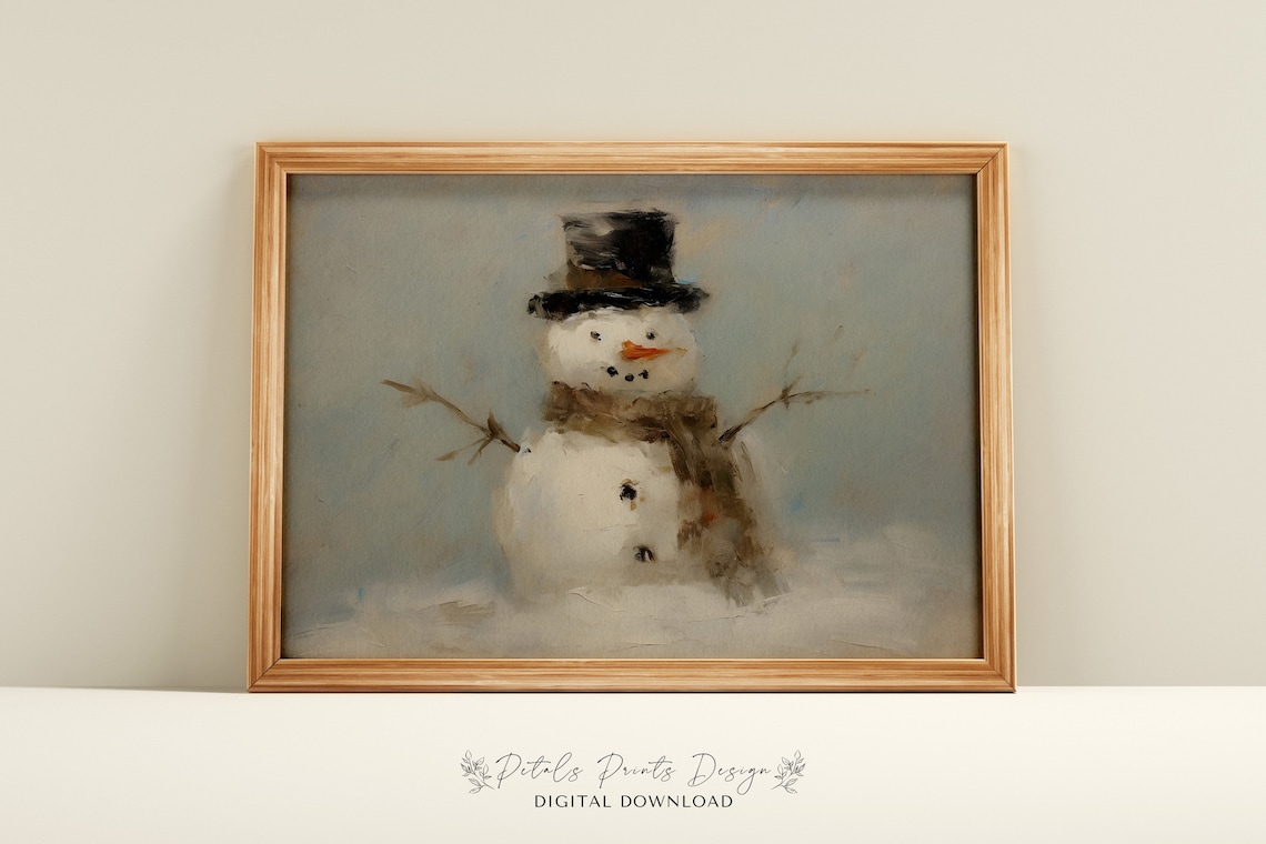 Christmas Snowman Still Life, Rustic Vintage Art Print