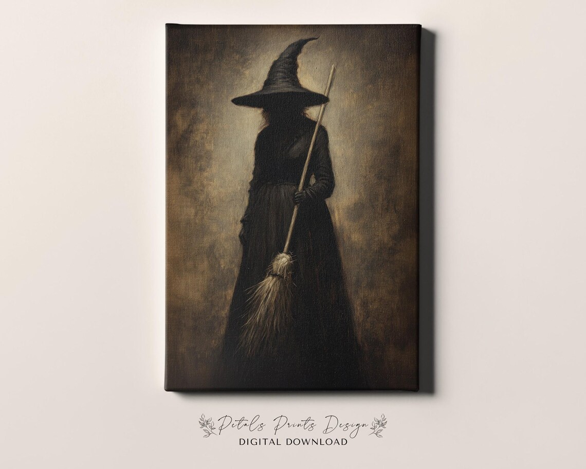 Shadowy Witch With Broom Moody Dark Academia Halloween Wall Art - Image 4