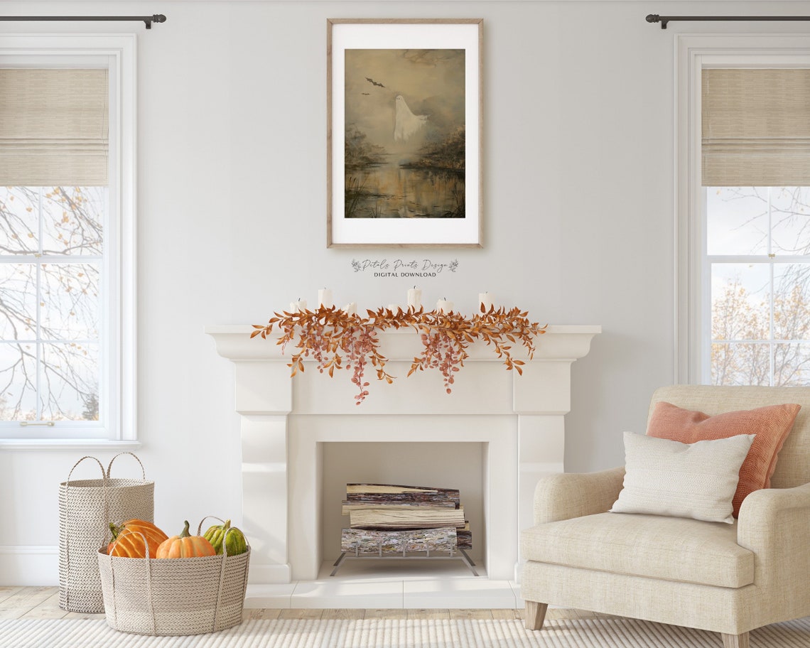 Ghost Rising Over Dark Marsh Lake Spooky Halloween Night Art Print - Image 2