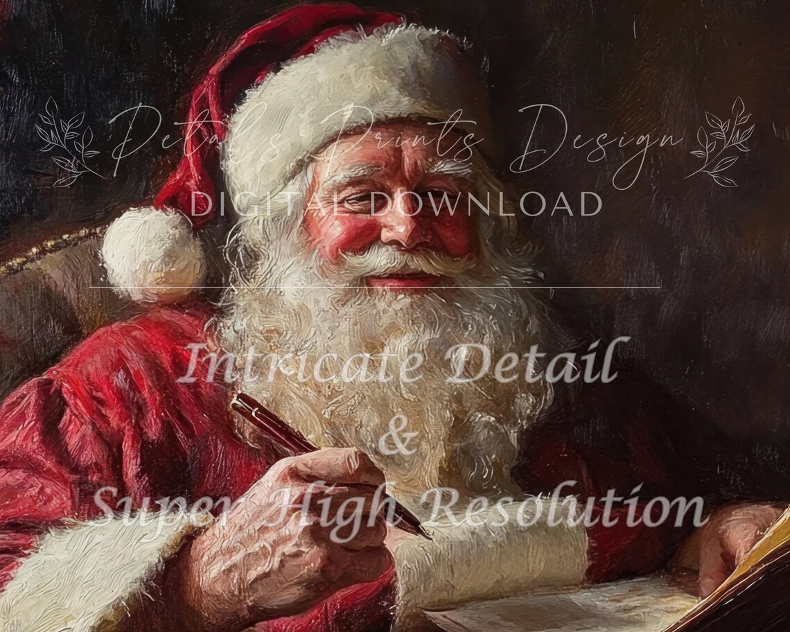 Vintage Santa Claus Reading Letters Cozy Christmas Painting Poster - Image 3